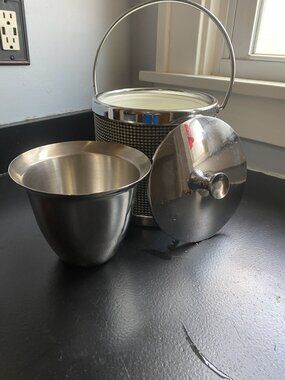 Mid-Century Hollywood Regency Gold Beaded Ice Bucket with Chrome Liner, Japan